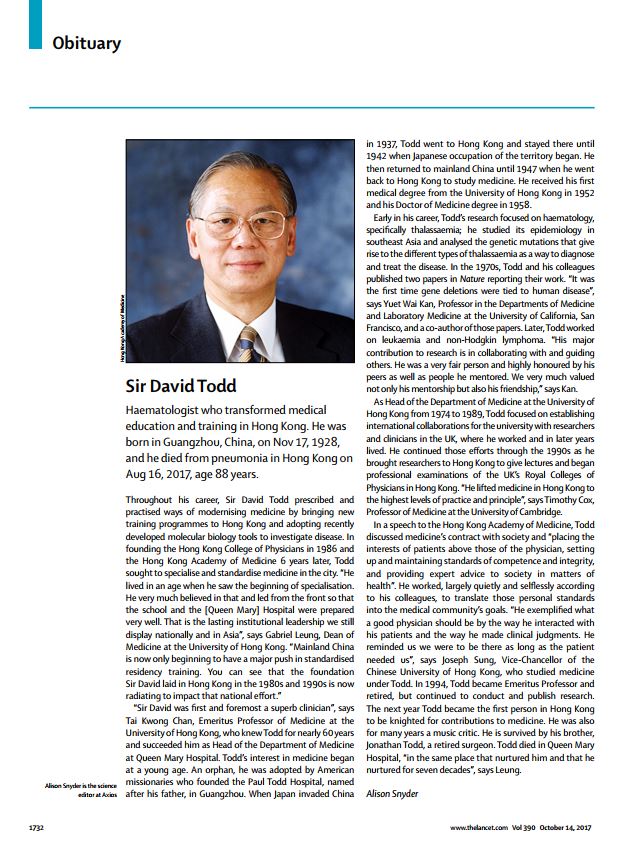Obituary on The Lancet: Professor Sir David Todd