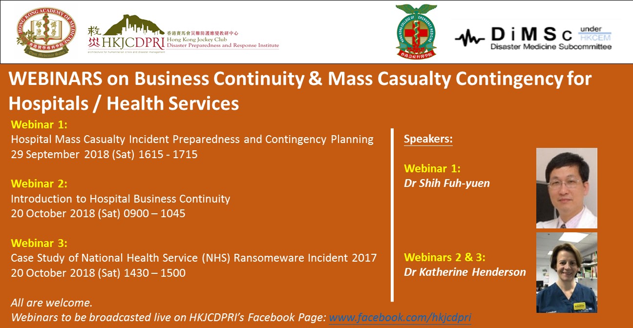 Upcoming Webinars on Business Continuity and Mass Causality Incident Contingency Planning for Hospitals/Health Services