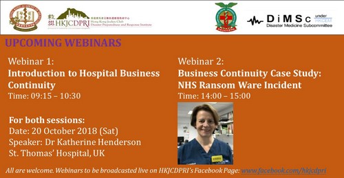 Upcoming Webinars on “Introduction to Hospital Business Continuity” & “Business Continuity Case Study: NHS Ransom Ware Incident”
